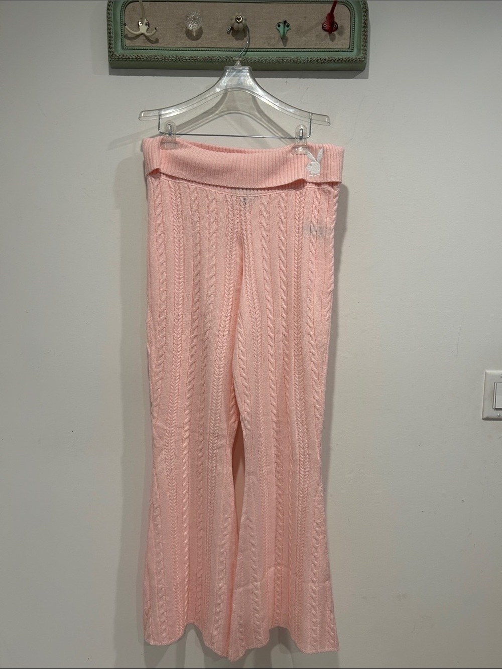 Dolls Kill Playboy Pastel Pink Cable-Knit Flare Fokd over Pants women’s 1X new
